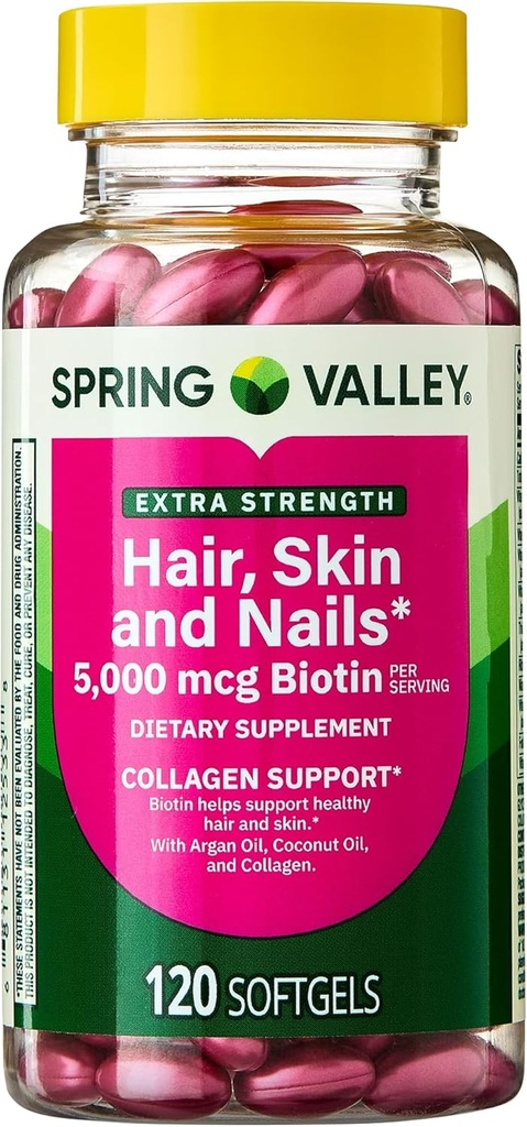 Spring Valley Extra Strength Hair, Skin, & Nails Collagen Support Softgels, 5000 mcg Biotin, 120 Count, Βιοτίνη για Hair Nail Skin Support, Βιταμίνες για γυναίκες