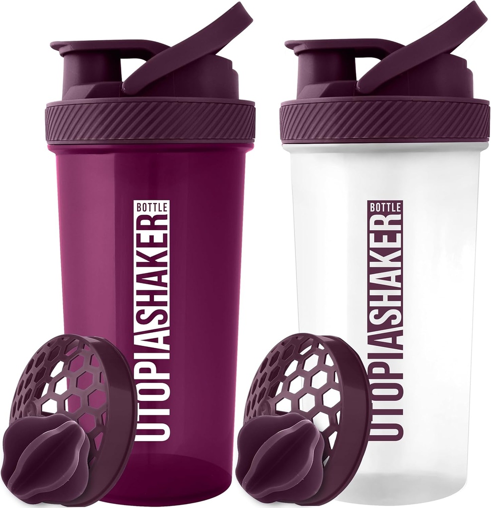 Utopia Home protein Shaker Şişe - (Pack of 2) 28-Ounce Shaker şişeleri Protein Mixes için - Fitness Sports Classic Protein Shak Shaker Şişe (Plum & Clear/Plum)