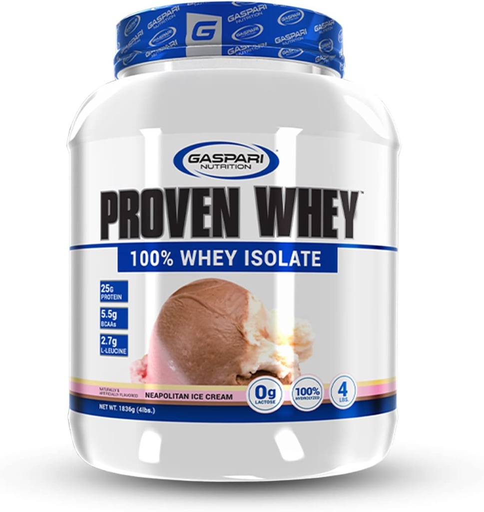 Gaspari Nutrition Proven Whey, 100% υδρολυμένος ορός γάλακτος Isolate, υψηλή πρωτεΐνη, Λακτόζη Χωρίς, χαμηλή υδατάνθρακες και χαμηλή ζάχαρη (4lb, ναπολιτανικό παγωτό)