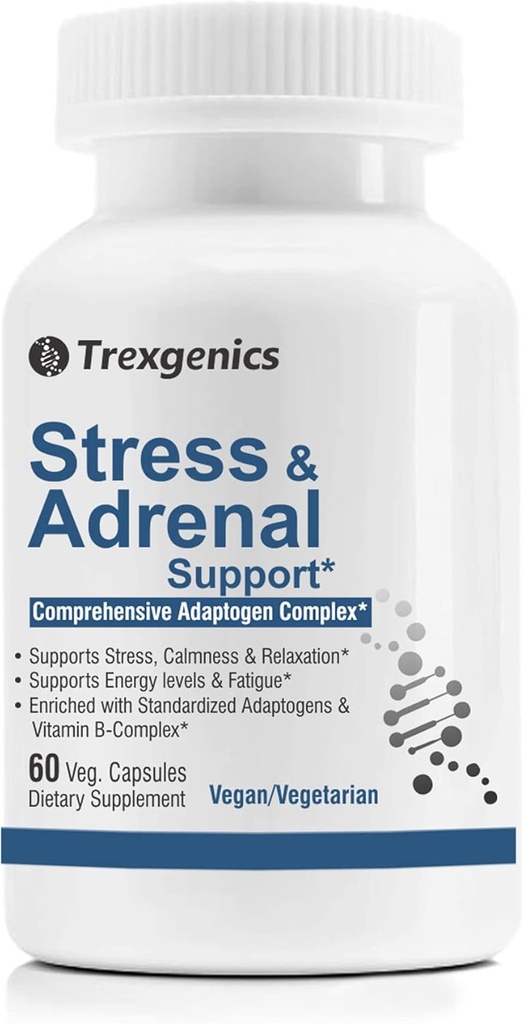 Trexgenics Advanced Stress & Adrenal Support 5X ADAPTOGENS Ashwagandha, Rhodiola, Bacopa Bacosides, Panax Ginseng & Maca + B-Complex (60 Veg Capsules)
