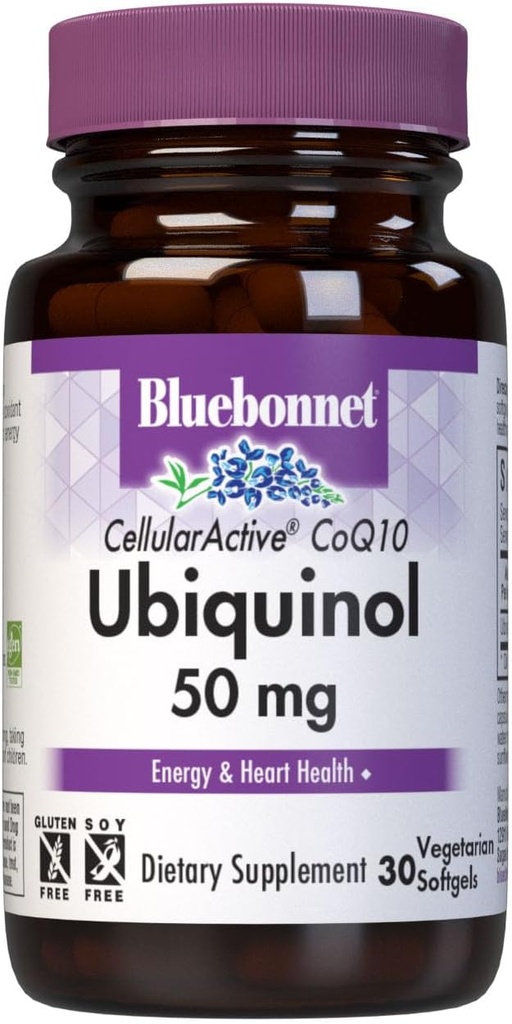 Bluebonnet Beslenme Hücreleri Aktif CoQ10 Ubiquinol 50 mg Vegetarian Softgels, Heart Health & Cellular Health, Ubiquinol from Kaneka, Non GMO, Gluten Free, Soy Free, Milk Free, 30 Vegetarian Softgels