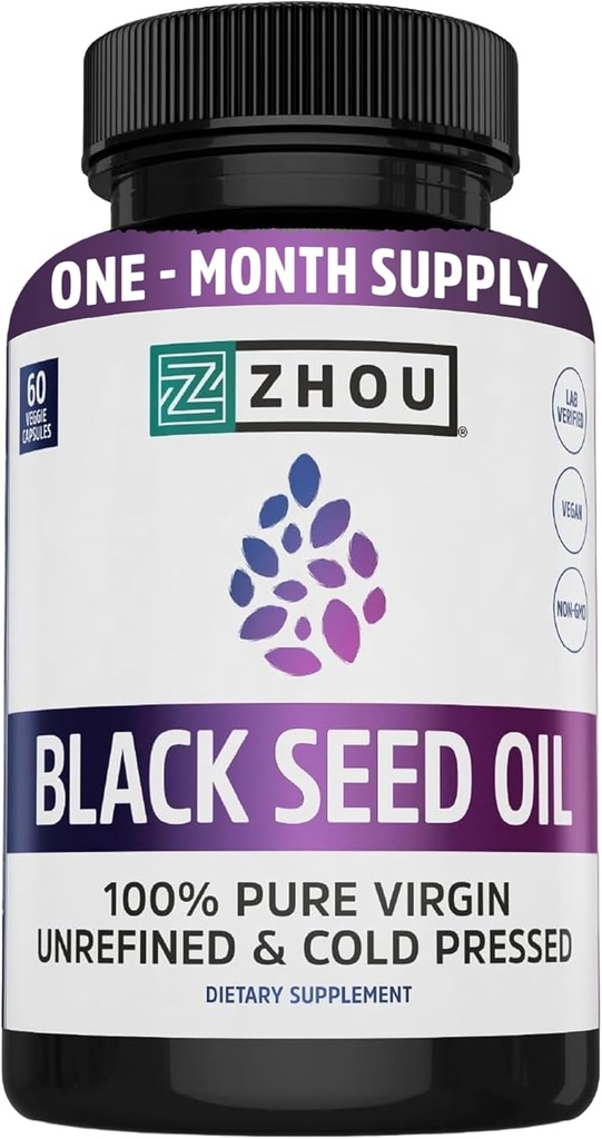 ZHOU Black Seed Oil Capsules - Black Cumin Seed Oil Cold Pressed, Nigella Sativa, Pure Unrefined Blackseed, Premium Supplement for Health, Hair & Skin w/Thymoquinone - 60 Capsules (Polonya)