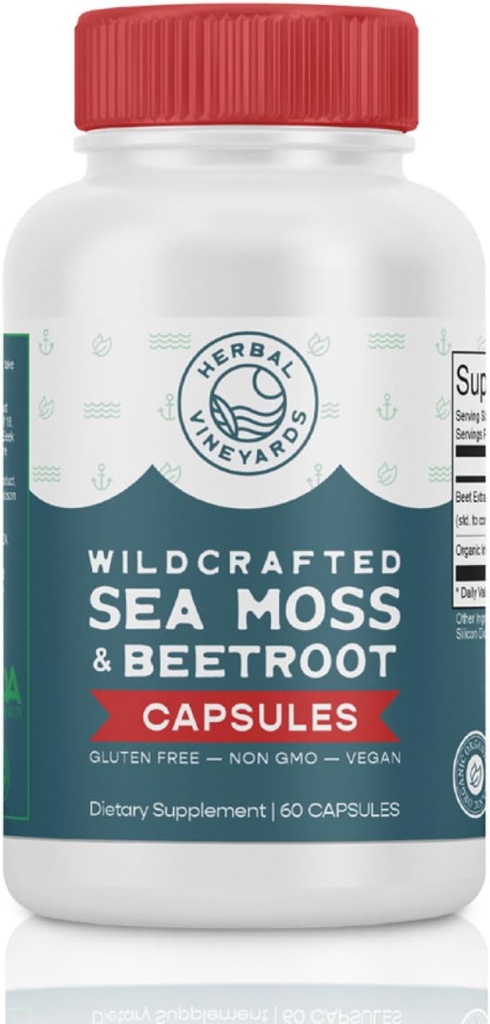 Herbal Vineyards Organic Wildcrafted Sea Moss ve Beetroot 60 Capsules | Immune Support, Digestive Health & Improv Energy | Vegan Friendly | Non-GMO | Etik Olarak Kaynaklandı