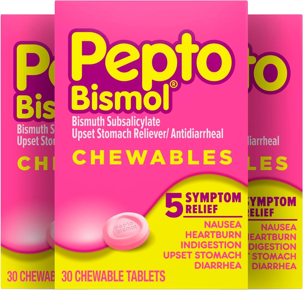 Pepto Bismol Μασώμενα δισκία για Ναυτία, Έγκαυμα καρδιάς, Δυσπεψία, Αναταραχή στομάχου και Διάρροια Ανακούφισης, Αρχική Γεύση, 90 Σύνολο (3 συσκευασίες των 30)