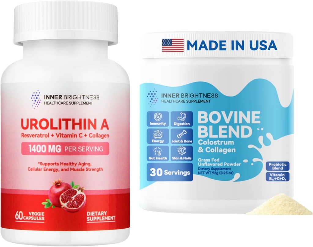 Urolithin A Supplement 1000 MG for Muscle Strength + Bovine Colostrum & Collagen Toz for Gut Health, Immune Support, Hair Growth & Beauty Supplement