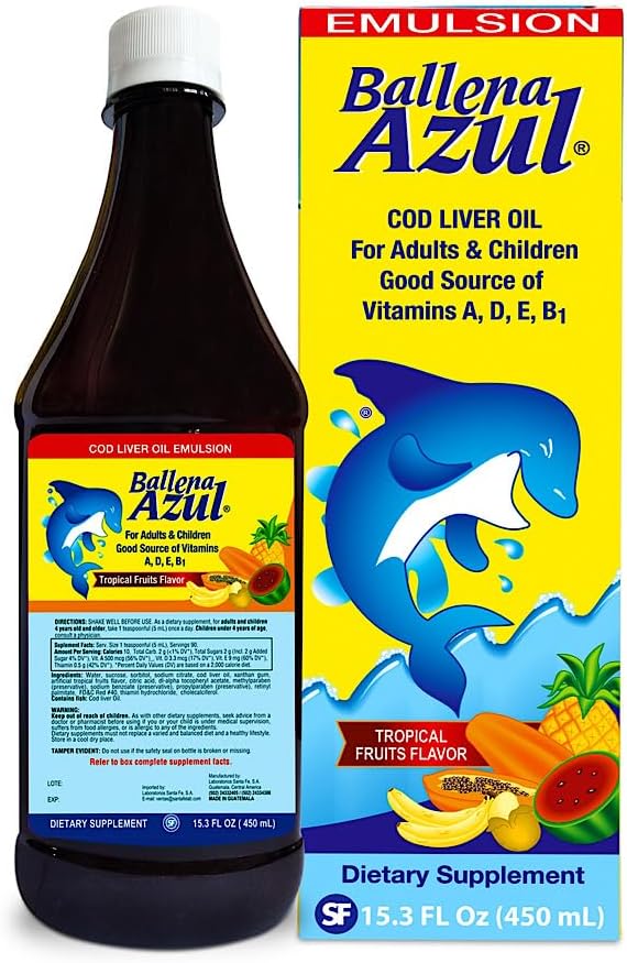 Ballena Azul Aceite de Hígado de Bacalao para Adultos y Niños, COD Liver Oil για ενήλικες και παιδιά, Καλή Πηγή Βιταμινών, Συμπλήρωμα Διατροφής, Ωμέγα 3 (Τροπικά Φρούτα 15 ΟΖ)