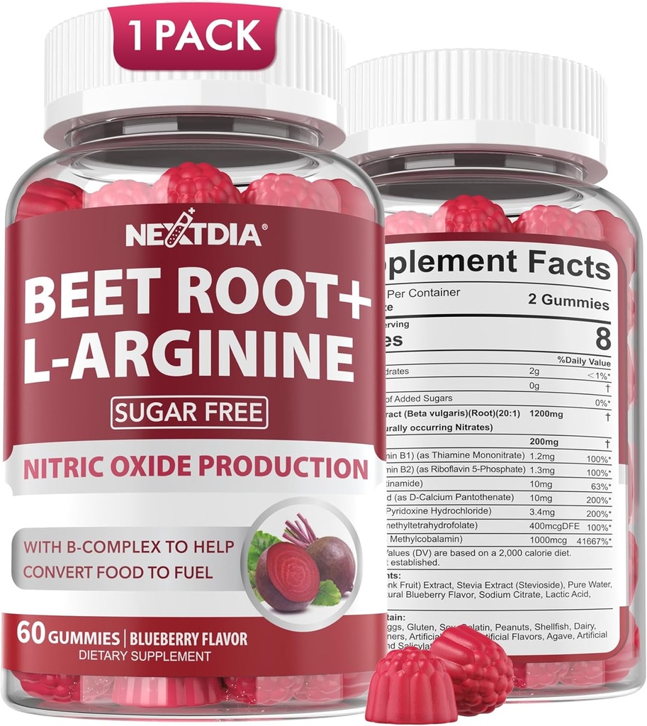 Beet Root Gummies & L-Arginine, Nitrik Oksit Men & Women w/Organic Beets, B1, B2, B3, B5, B6, Folate, B12 for Energy Boost & Circulation Support, Sugar Free, 60 Cts