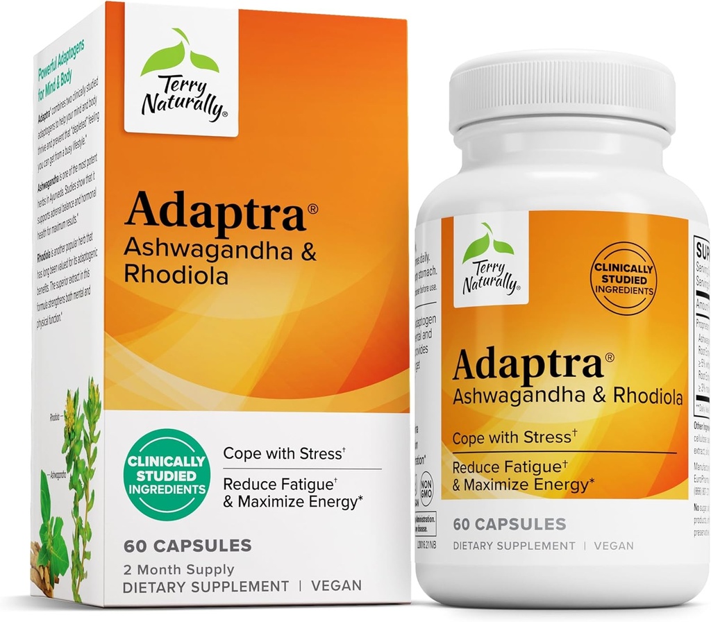 Terry Natural Adaptra - Adrenal Health'i Desteklemek için Tamam - Rhodiola Rosea Ekstraksiyonu ile Ashwagandha Supplement - Herbal Supplement to Support Energy & Concentration - 60 Capsules