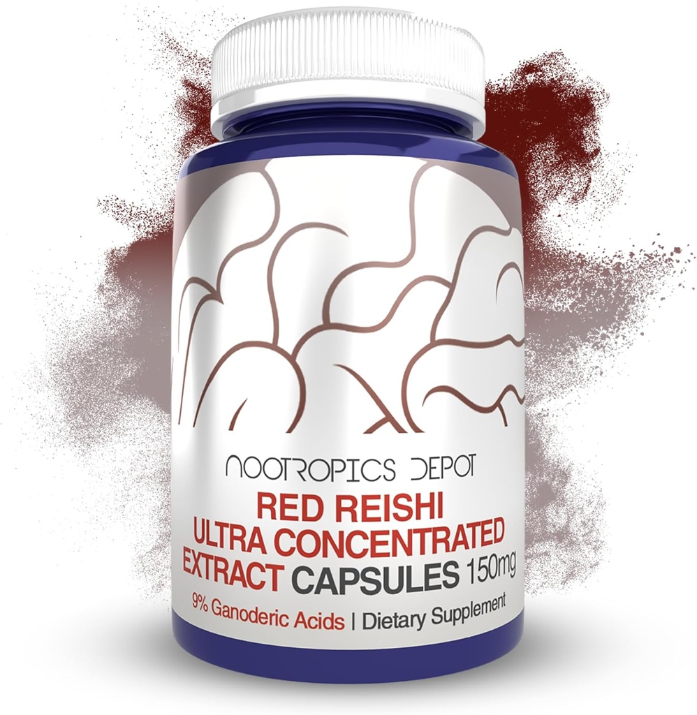 Nootropics Depot Red Reishi Mushroom Capsules |% 9 Ganoderic Acids | 150 mg | 180 Count