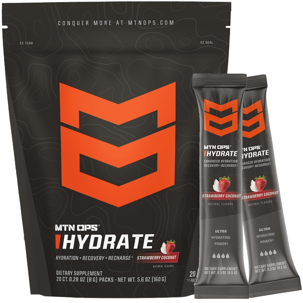 MTN OPS Hydrate Electrolytes Powder Drink Mix, 20 Single Serving On-The-Go Electrolyte Packs με πάνω από 1000mg ηλεκτρολυτών ανά Σερβίρισμα, φράουλα καρύδας
