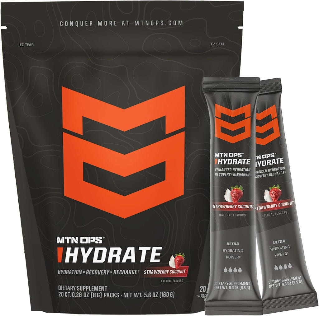 MTN OPS Hydrate Electrolytes Toz İçecek Mix, 20 Single On-Go Electrolyte Packs with Over 1000 mg of Electrolytes per Service, Strawberry Coconut