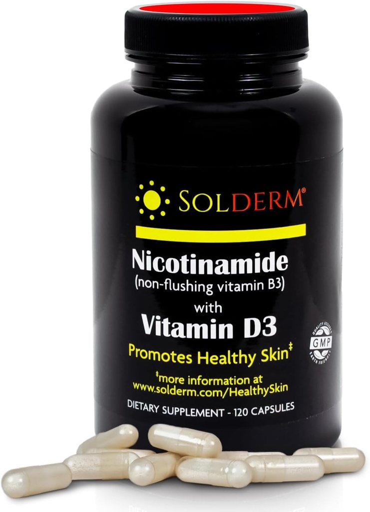 Nicotinamide Non-Flushing Vitamin B3 and D3 Supplement | Vegetarian and Gluten-Free Oral Nicotinamide Supplement with Vegetable Cellulose Casings | Promotes Healthy Skin | 60 Capsules | 500mg