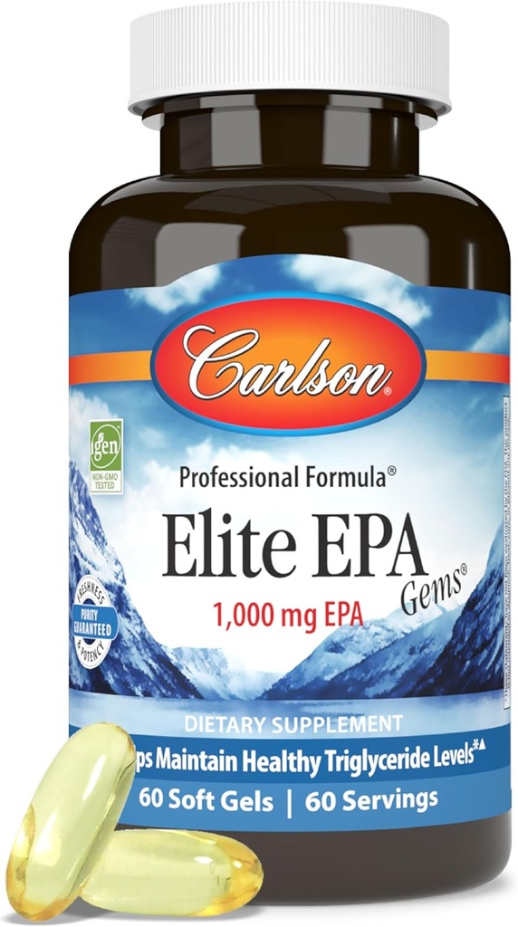 Carlson - Elite Gems, 1000 mg EPA Fish Oil, Wild-Caught, Norveç Fish Oil Supplement, Sustainable Sourced, Sağlıklı Triglyceride Seviyeleri Korumak, 60 Softgels