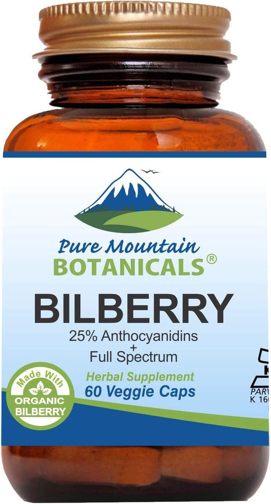 Pure Mountain Botaniks Bilberry Extract Supplement Vegan Kosher Capsules 250 mg Organik Bilberry Leaf & 50mg Potenti Billberries