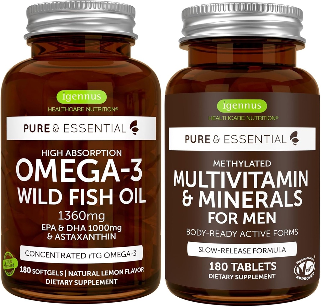 Yüksek Abxia Omega-3 Wild Fish Oil + Metilated Men's Multivitamin Sche, 1000 mg EPA & DHA 180 Softgels + Sustained release Multivitamin 180 Tabletler, Igennus tarafından