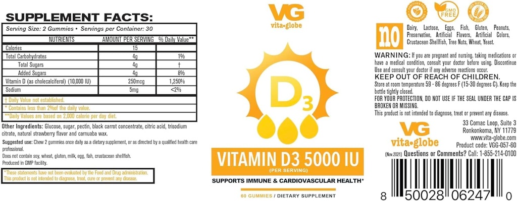 VITA GLOBE Vitamin D3 10.000IU ile çinko ve Echinacea Gummy - Sağlıklı Immune Sistemi, Güçlü Bones, Dişler ve Kaslar, 120 Kont (2-Pack)