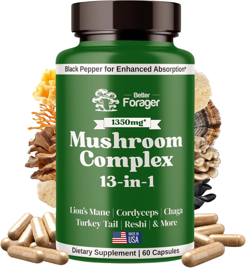 Mushroom Kompleksi Capsules, 13-in-1 Mushroom Supplement, Lion's Mane, Reishi, Cordyceps, & More, Promosyonlar Focus, Clarity, & Memory, Extract Supplement, 1 Moon Supply, 60 Count
