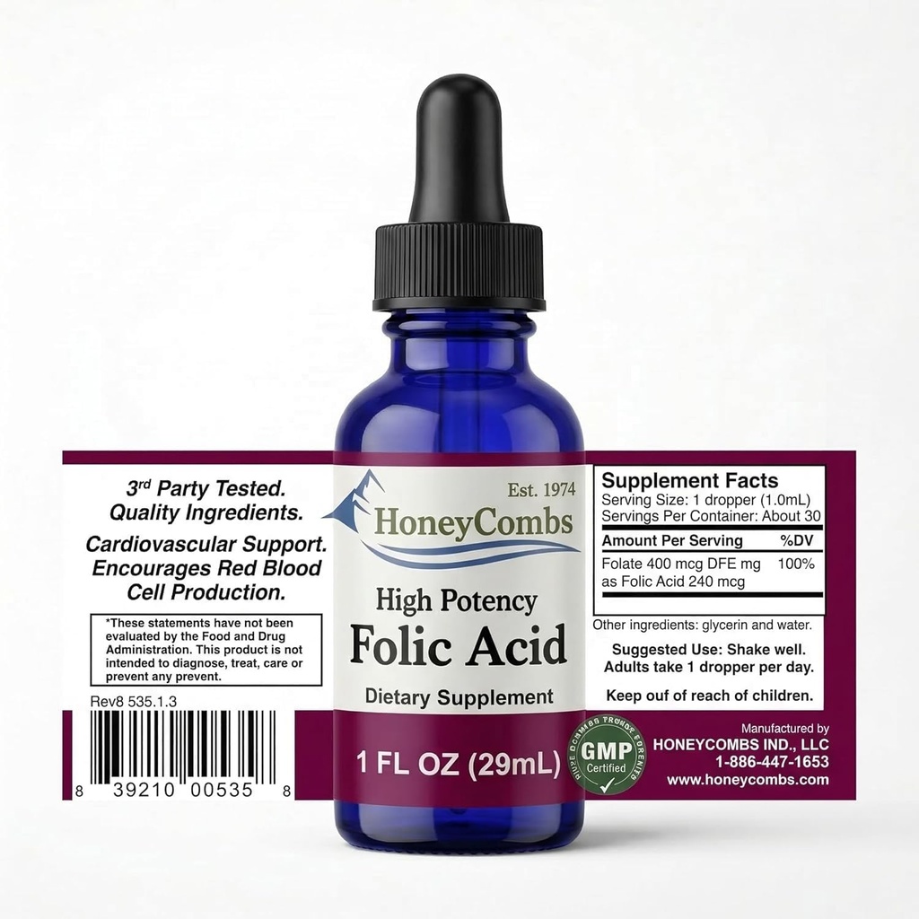 HoneyCombs Vitamin B9 Liquid Drops - Yüksek Potency Sıvı Vitamin B9 Kadınlar için Folic Asit Supplement - Sağlıklı Yaşamcı, Gecikme ve Genel Sağlık - Soğuk Baskılı Vegan Vitaminleri Örttü (1 Fl oz)