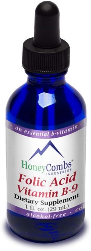 HoneyCombs Vitamin B9 Liquid Drops - Yüksek Potency Sıvı Vitamin B9 Kadınlar için Folic Asit Supplement - Sağlıklı Yaşamcı, Gecikme ve Genel Sağlık - Soğuk Baskılı Vegan Vitaminleri Örttü (1 Fl oz)