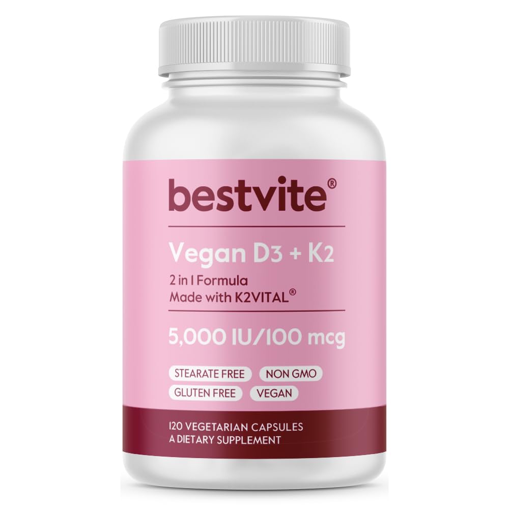BESTVITE Βιταμίνη Vegan D3 5000 IU + Βιταμίνη K2 100 mcg ως MK-7 (120 Κάψουλες Χορτοφαγικής) - Όχι Στεατικά - Vegan - Μη ΓΤΟ - Χωρίς γλουτένη