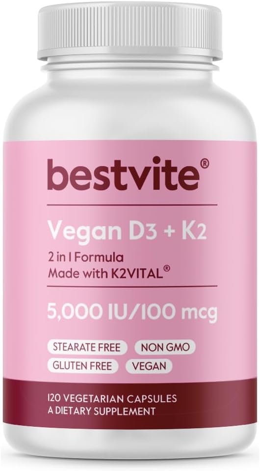BESTVITE Vegan Vitamin D3 5000 IU + Vitamin K2 100 mcg as MK-7 (120 Vegetarian Capsules) - No Stearates - Vegan - Non GMO - Gluten Free