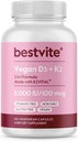 BESTVITE Vegan Vitamin D3 5000 IU + Vitamin K2 100 mcg as MK-7 (120 Vegetarian Capsules) - No Stearates - Vegan - Non GMO - Gluten Free