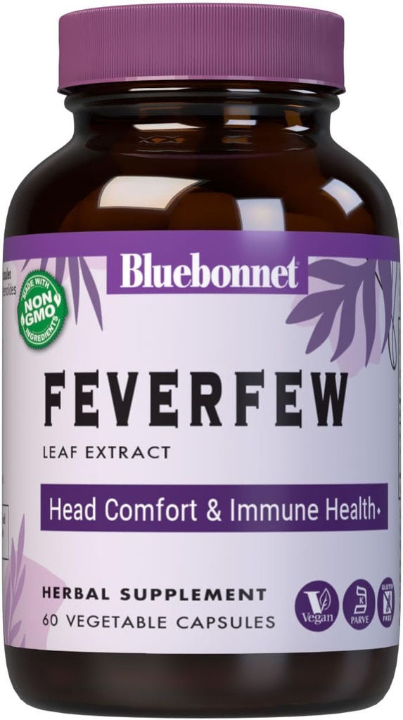 BlueBonnet Nutrition Feverfew Leaf Extract, Immune Health*, Head Comfort*, Non-GMO, Vegan, Kosher Certified, Gluten-Free, Soy-Free, 60 Vegetable Capsules, 60 Servings