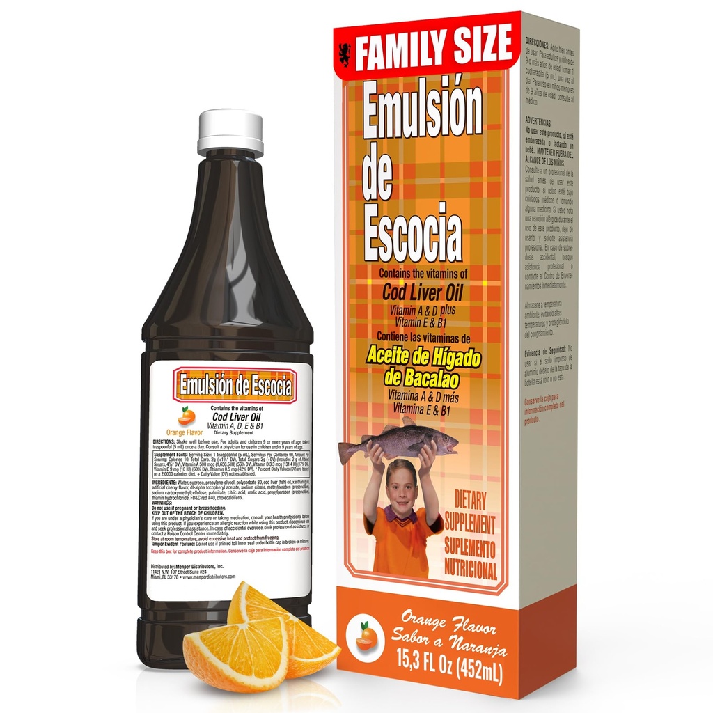 EMULSION DE ESCOCIA Cod Liver Oil, Dietary Supplement, Vitamins A, B1, D ve E, Immune System Support, Orange Flavor (15.3 Fl Oz/Pack of 1)