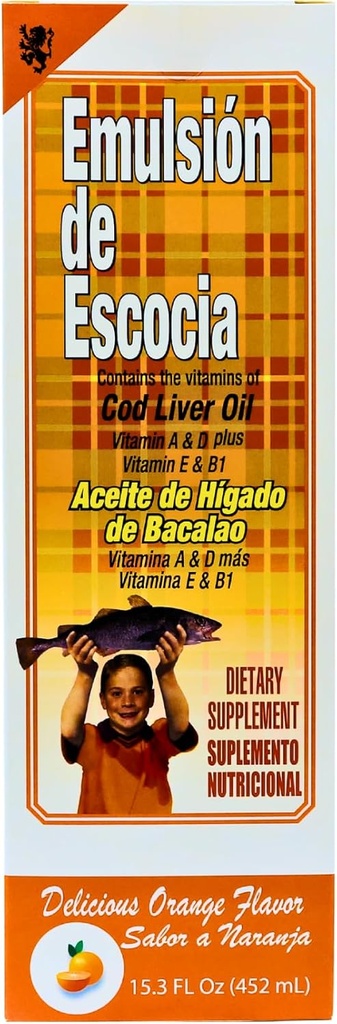 EMULSION DE ESCOCIA Cod Liver Oil, Dietary Supplement, Vitamins A, B1, D ve E, Immune System Support, Orange Flavor (15.3 Fl Oz/Pack of 1)