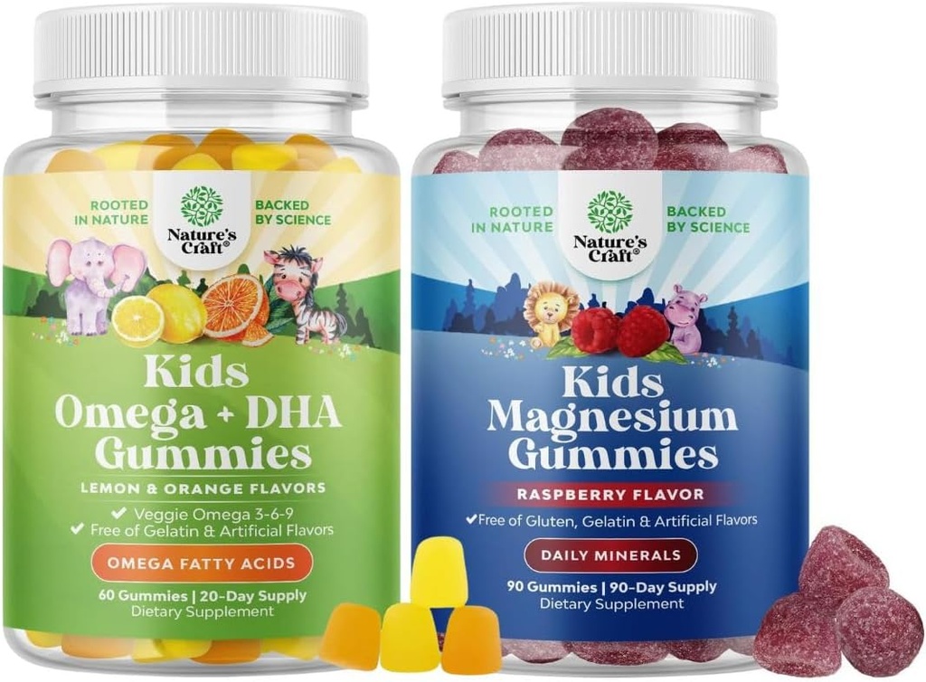 Çocuklar için Omega DHA Gummies - Fatty Asits Omega 3 6 9, Beyin Için C vitamini, Immunity & Vision ve Kids Magnezyum Gummies - Nerve Health Muscles & Health Heart Support