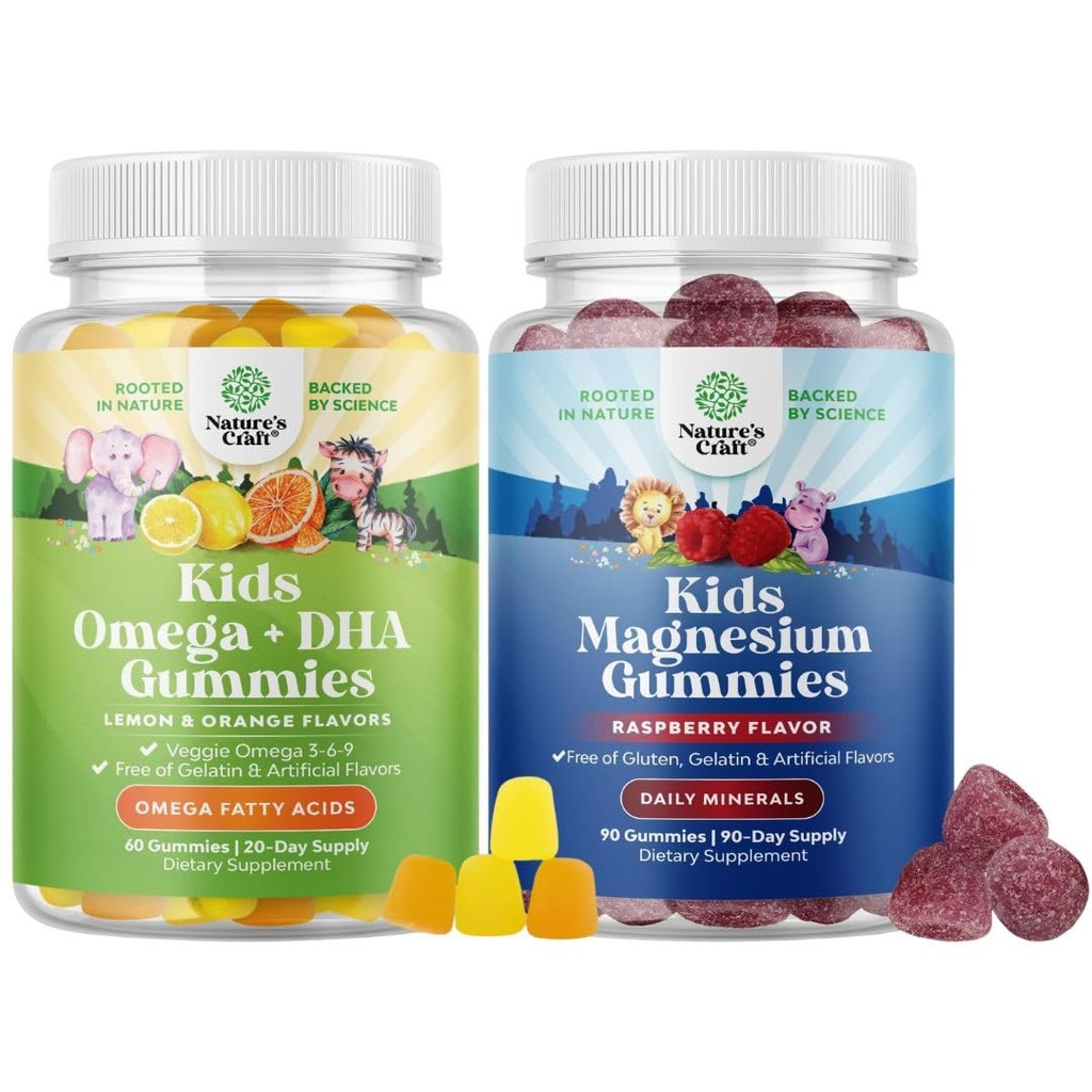 Çocuklar için Omega DHA Gummies - Fatty Asits Omega 3 6 9, Beyin Için C vitamini, Immunity & Vision ve Kids Magnezyum Gummies - Nerve Health Muscles & Health Heart Support