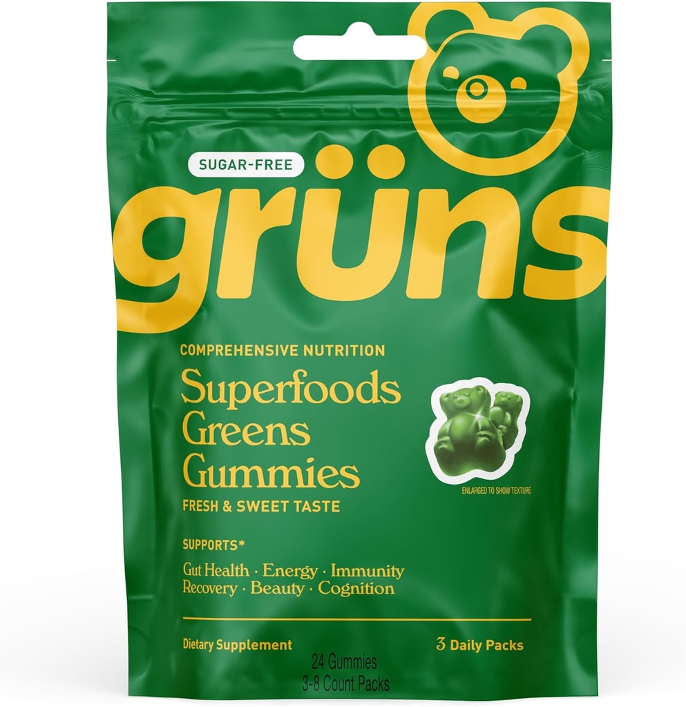 Gruns Sugar Free Super Greens Gummy Bears - Organik Spirulina ve Chlorella, Digestive Health, 20+ Vitaminler ve Mineraller, Adaptogens - 3 sachets - 24 Gummies
