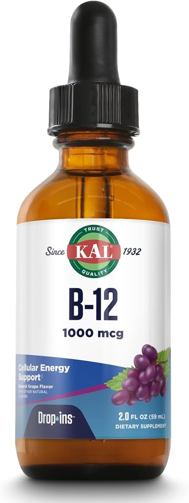 KAL B12 1000 mcg DropIns, Υγρή βιταμίνη υψηλής απορρόφησης B12, Υγιής Ενεργειακά Συμπληρώματα για Μεταβολισμό, Υγεία καρδιάς, Νεύρο, Υποστήριξη ερυθρών αιμοσφαιρίων, Φυσικό άρωμα σταφυλιού B12 σταγόνες, 196 υπηρεσίες, 2oz