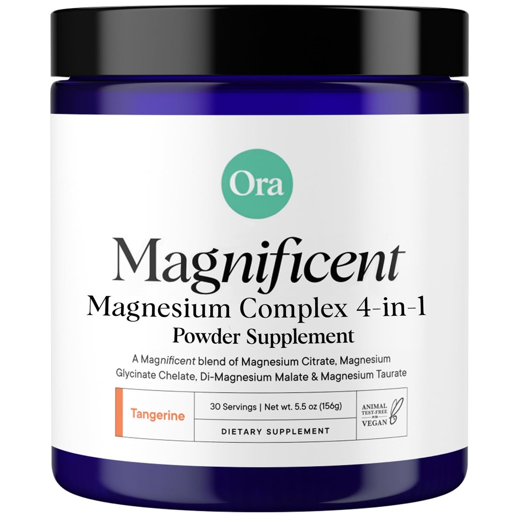 Ora Organik Magnezyum Kompleksi - 4-in-1 Magnezyum: Glycinate, Taurate, Malate & Citrate | Vegan, Gluten-Free | Tangerine Flavor | Calm Desteği Uyku, Stres ve Kaslar | 30 Hizmet
