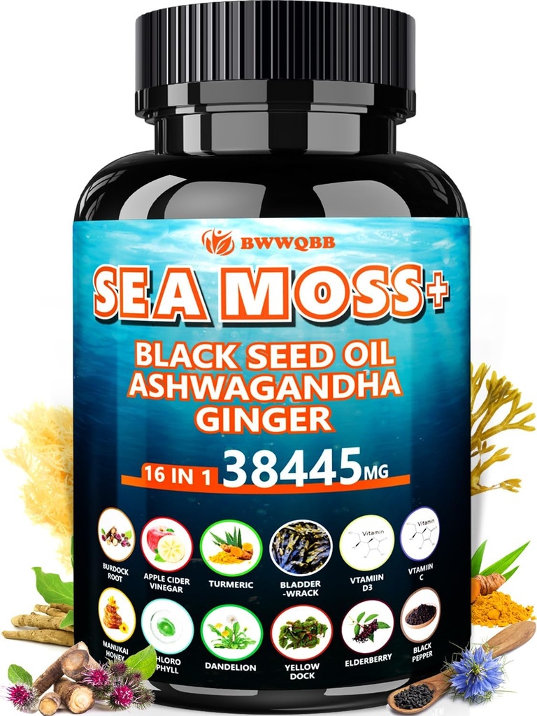Sea Moss 350mg Black Seed Oil 200mg Ashwagandha 100mg Turmeric 100mg Bladderwrack 100mg Burdock 100mg, All-in-1 Sea Moss Κάψουλες-60 Count