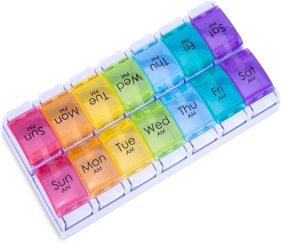 7 ΗΜΕΡΑ ΠΜ Διοργανωτής χαπιών, Σχεδιασμός Moisture-Proof και μεγάλα διαμερίσματα για να κρατήσει βιταμίνες, λάδι ψαριών, συμπληρώματα, εβδομαδιαίο κουτί χαπιών / υποθέσεις, καθημερινή ιατρική dispenser (14 διαμερίσματα δεν συναγερμού)