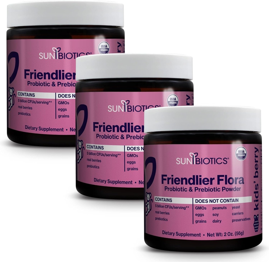 SUNBIOTICS Friendlier Flora - Παιδικό συμπλήρωμα προβιοτικής και προβιοτικής σκόνης με 5 δισεκατομμύρια CFUs των 5 προβιοτικών strains για την καλή έντερο Flora, ανοσοποιητικό σύστημα, & Ισορροπημένη μικροβιομή - Berry, (Pack of 3)