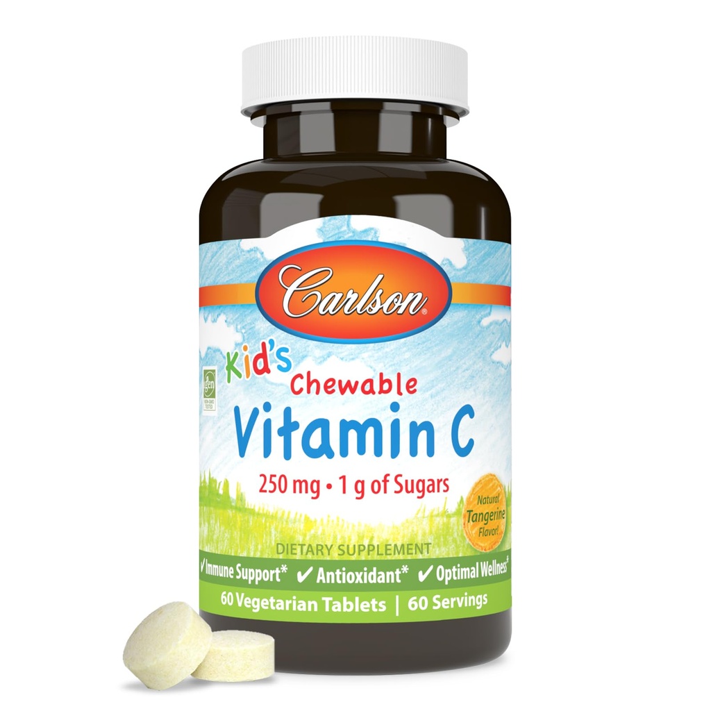Carlson - Kid'in Chewable Vitamin C, 250 mg, 1 g Sugars, Immune Support & Optimal Wellness, Antioksi, Tangerine, 60 Vegetarian Tablets