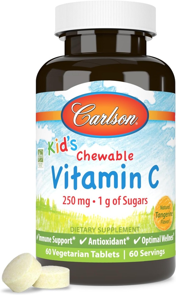 Carlson - Kid'in Chewable Vitamin C, 250 mg, 1 g Sugars, Immune Support & Optimal Wellness, Antioksi, Tangerine, 60 Vegetarian Tablets