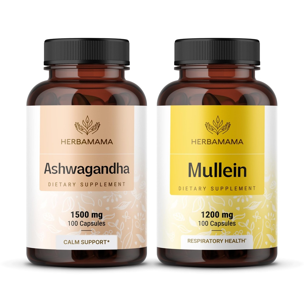 HERBAMAMA Ashwagandha ve Mullein Kit - 1500 mg Ashwagandha Root & 1200 mg Mullein Leaf Capsules 100 Caps - Vegan, Non-GMO, Sugar & Alkol-Free - 2 Pack