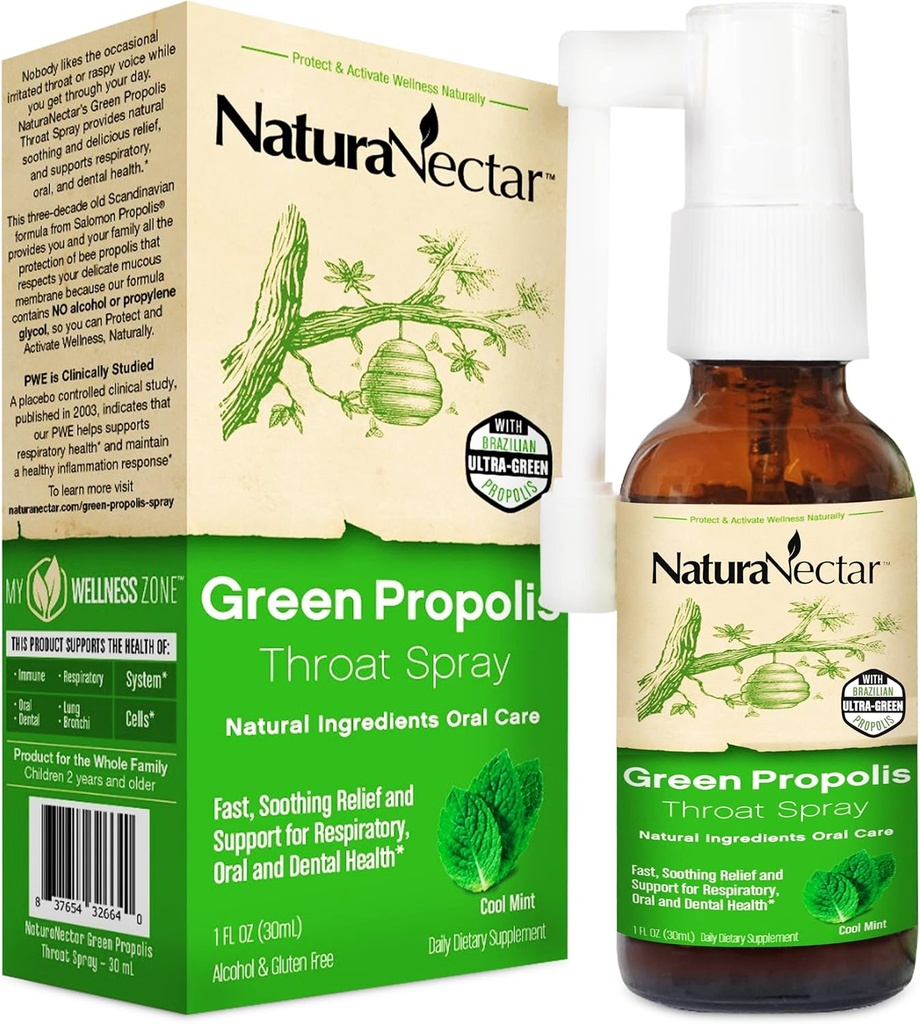 NaturaNectar - Green Propolis Throat Spray - Benzersiz, Soothing Throat Care Relief with Brazil Bee Propolis - Natural and Non-Alcoholic Throat Care Formula from Sustainable Beeguard (1-Pack, 30mL)