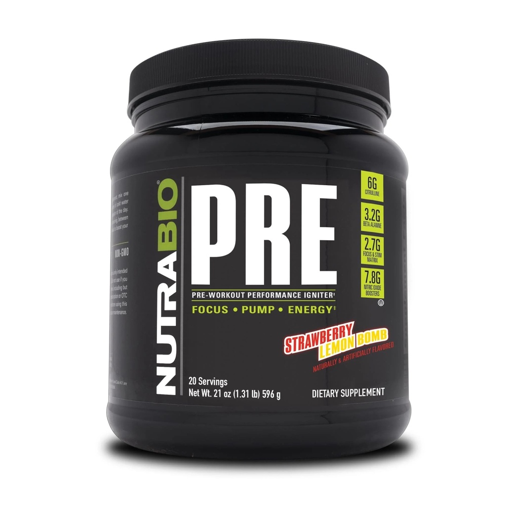 NutraBio PRE Σκόνη προπόνησης - Παλιά Φόρμουλα- Παρατεταμένη ενέργεια, ψυχική εστίαση, αντοχή - Beta Alanine, Creatine, καφεΐνη, ηλεκτρολύτες - 20 Σερβίρει - Βόμβα λεμόνι φράουλα