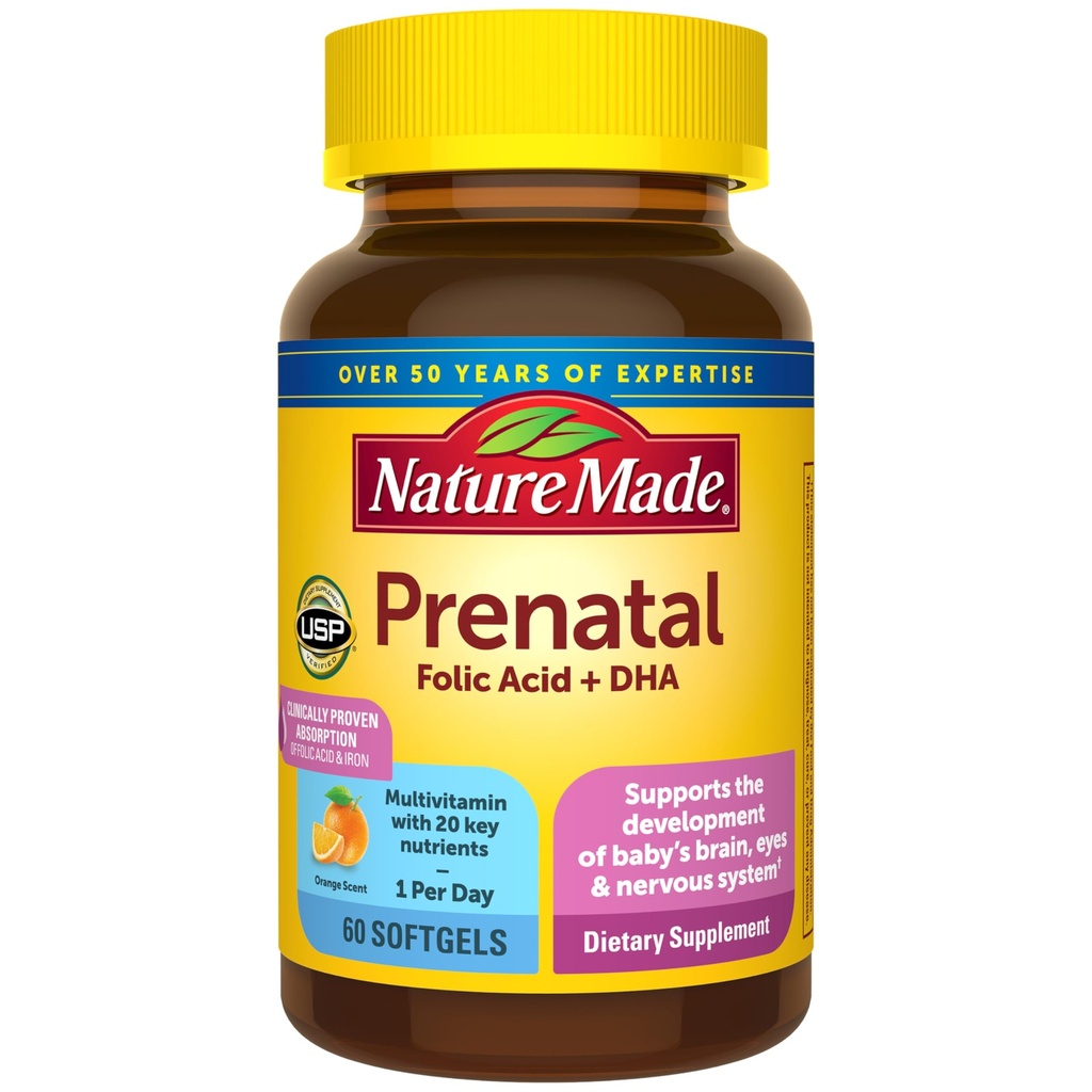 Nature Made Prenatal with Folic Acid + DHA, Prenatal Vitamin ve Mineral Supplement for Daily Nutritional Support, 60 Softgels, 60 Day Supply Supply