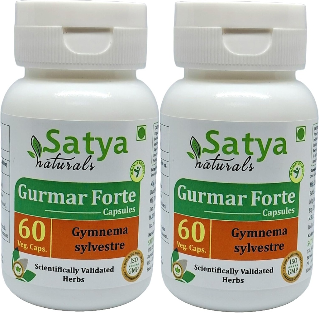 Gurmar Forte Capsules 500 mg. 60 Veg. Capsule | Gudmar (Gymnema Sylvestre) Extract Capsules for Men and women | Ayurvedic Herbal Supplement/Remedies | 10:1 Forte (2 Bottles of 60 Capsules)