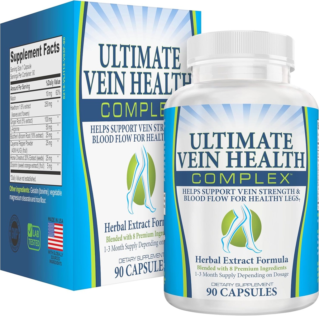 8-in-1 Vein & Leg Health Circulation Supplements | Blood Circulation Formula | Ultimate Vein & Leg Circulatory System Support Supplement | Nutrients for Health & Strong Veins | 90 Capsules