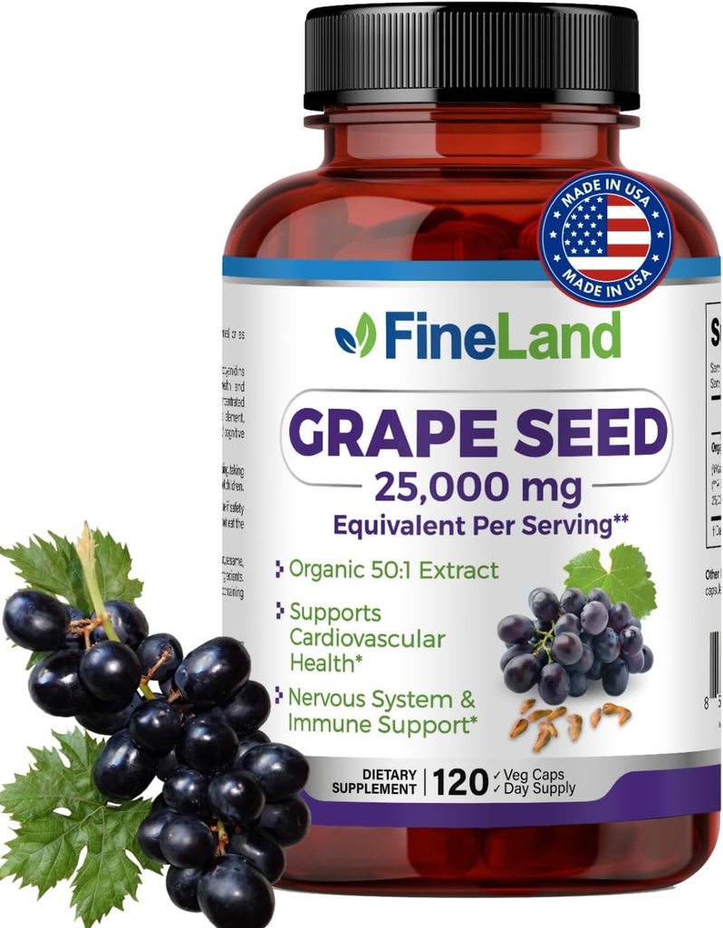 FineLand Grape Tohumu 50:1 – 25 mg Capsule başına Eşdeğer - 120 Vegan Capsules - Antioksitlarda Zengin | Kalp, Immune & Circulation Support – Non-GMO | Made in USA