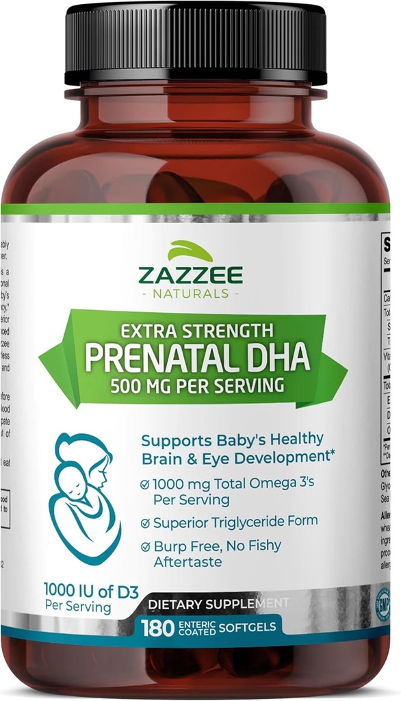 Zazzee Extra Strength Προγεννητική DHA 500 mg, 180 Enteric Coated Softgels, 1000 mg Omega 3’s, 1000 UI Βιταμίνη D3, Burp Free, Χωρίς Αλιευτική Επίγευση, Superior Trigreede Form, Καθαρό ιχθυέλαιο βαθιάς θάλασσας