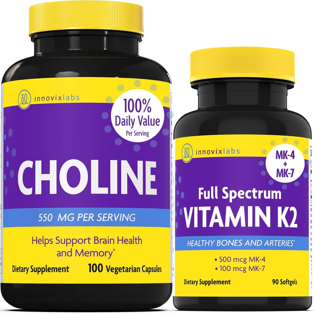 InnovixLabs Choline & Vitamin K2 Sche Choline Bitartrate 550 mg (100 Capsules) Full Spectrum Vitamin K2 (90 Softgels). Helps Memory, Mood, Brain Health & Boost Cognitive.*