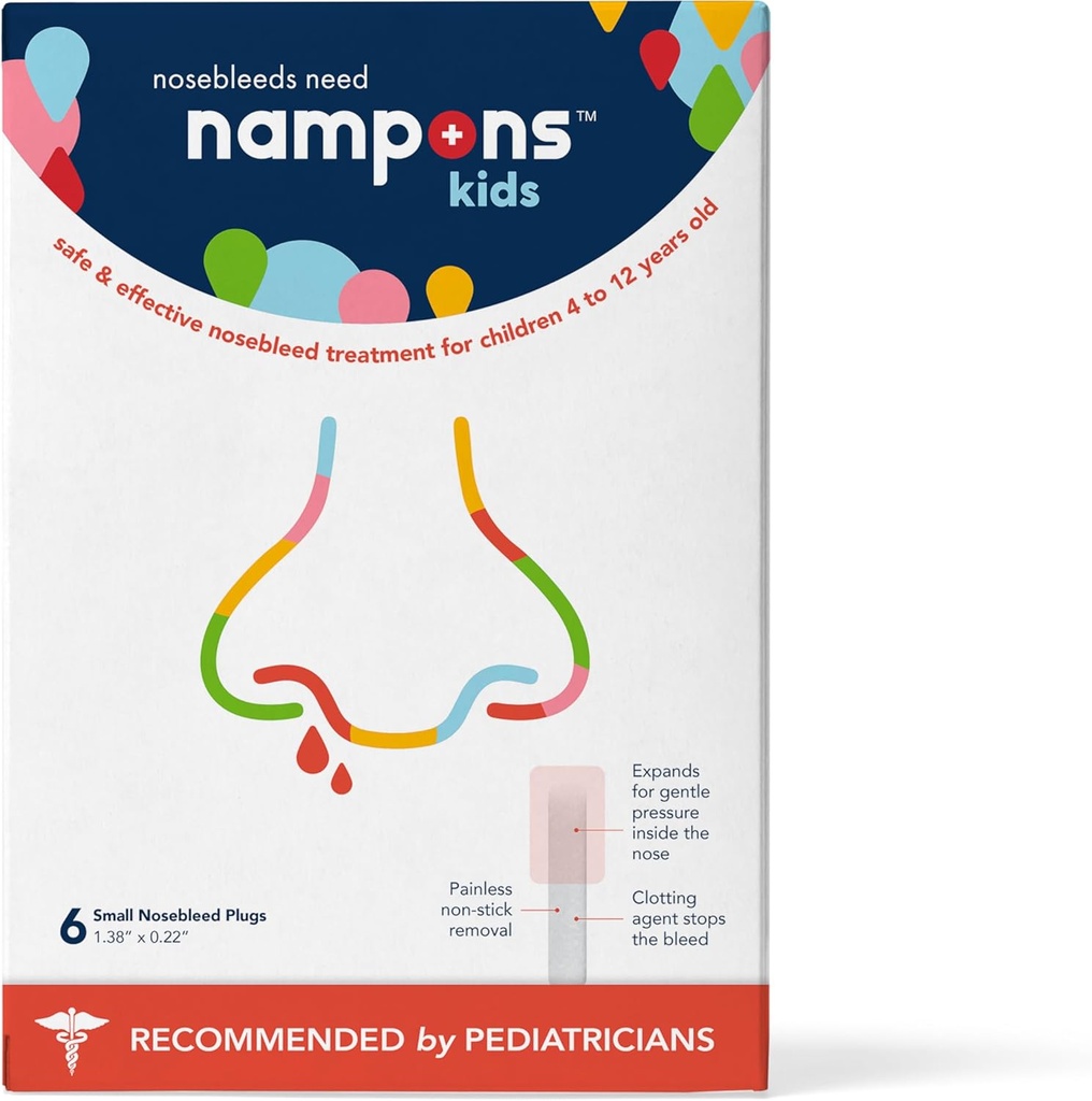 Nampons Kids Nosebleed Stoppers - 6 Çocuklar için Nose Bleed Stopper Plugs Kit Kullanımı Kolay. Pediatrikler tarafından güvenir. Hipoallergenic Clotting Agent Stops Nosebleeds Fast On Contact. Güvenli ve Ağrı Özgür