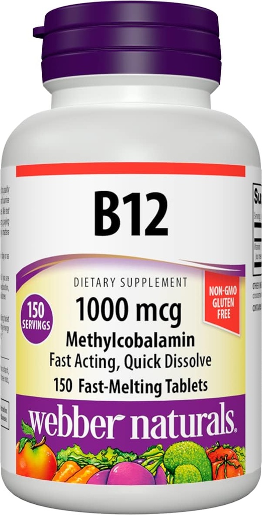Webber Naturals Vitamin B12 1000 mcg, 150 Kont, Hızlı Dissolve Tabletler, Enerji Metabolism için Vitamin Tamam Desteği, Immune ve Heart Health, Vegetarian Formula, 150 Day Supply